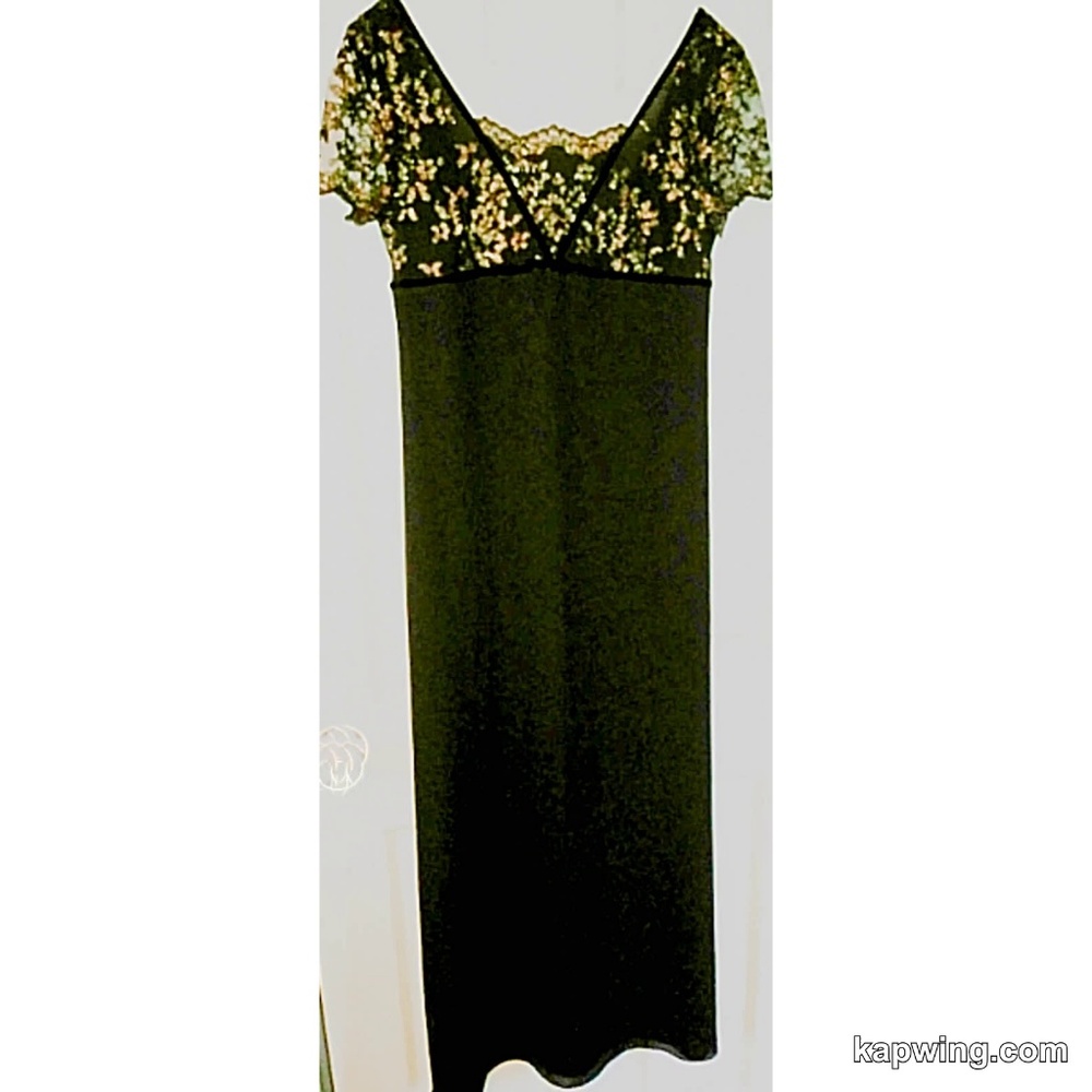 Black Satin and Gold Lace Evening Dress